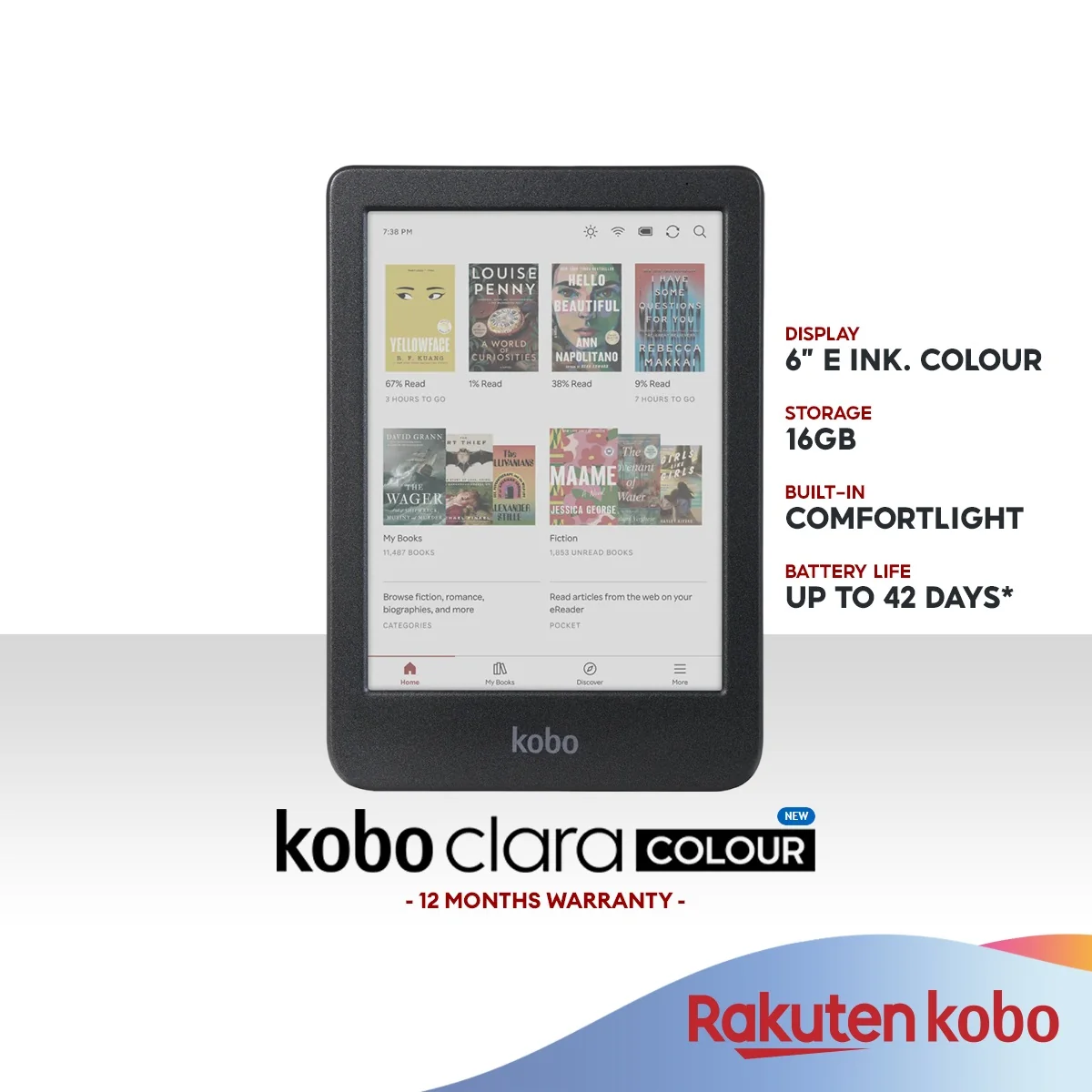 Rakuten Kobo Clara Colour eReader 6-Inch Glare-Free Reading Tablet | Waterproof/ Audiobooks/ Wi-Fi/ 16GB Storage
