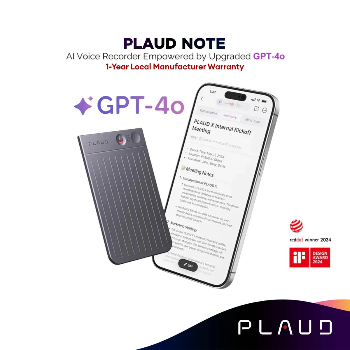 PLAUD NOTE AI Voice Recorder with Case - App Control, Transcribe & Summarize with AI Technology - Support 112 Languages, 64GB Memory, Audio Recorder for Lectures, Meetings, Calls