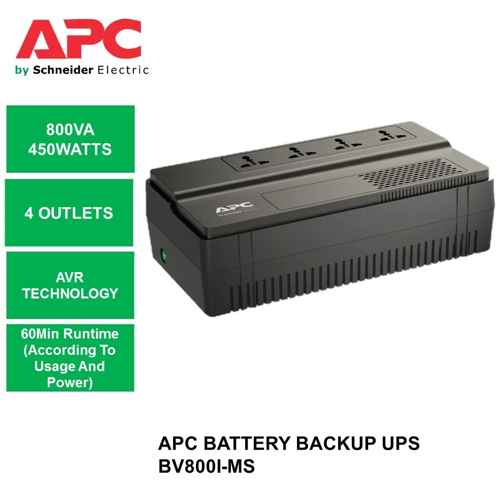 APC Easy UPS AVR BV800I-MS, 800VA, Floor/Wall Mount, 230V With 4x Universal Outlets, Backup Battery