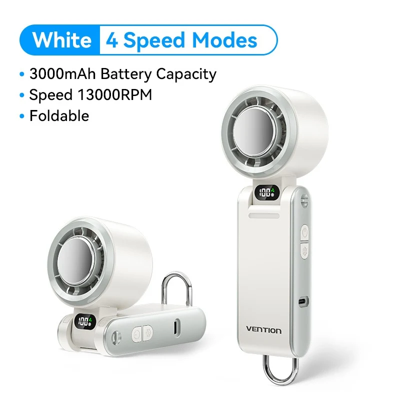 Vention Portable Foldable Handheld Fan with LED Display 4 Speed Modes for Travel Ofice Home - White