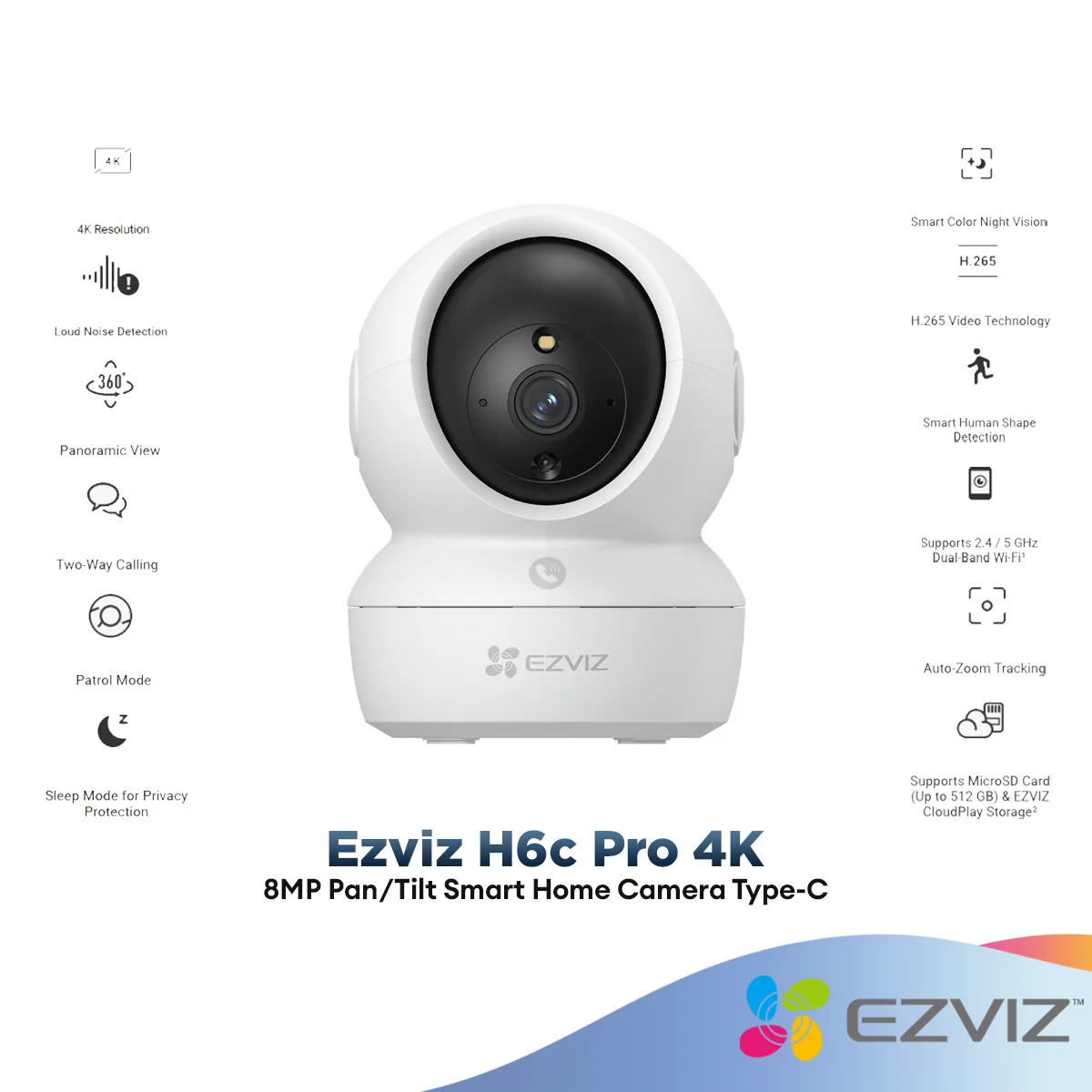 Ezviz H6c Pro 4K 8MP Pan/Tilt Smart Home Camera Type-C Security Camera