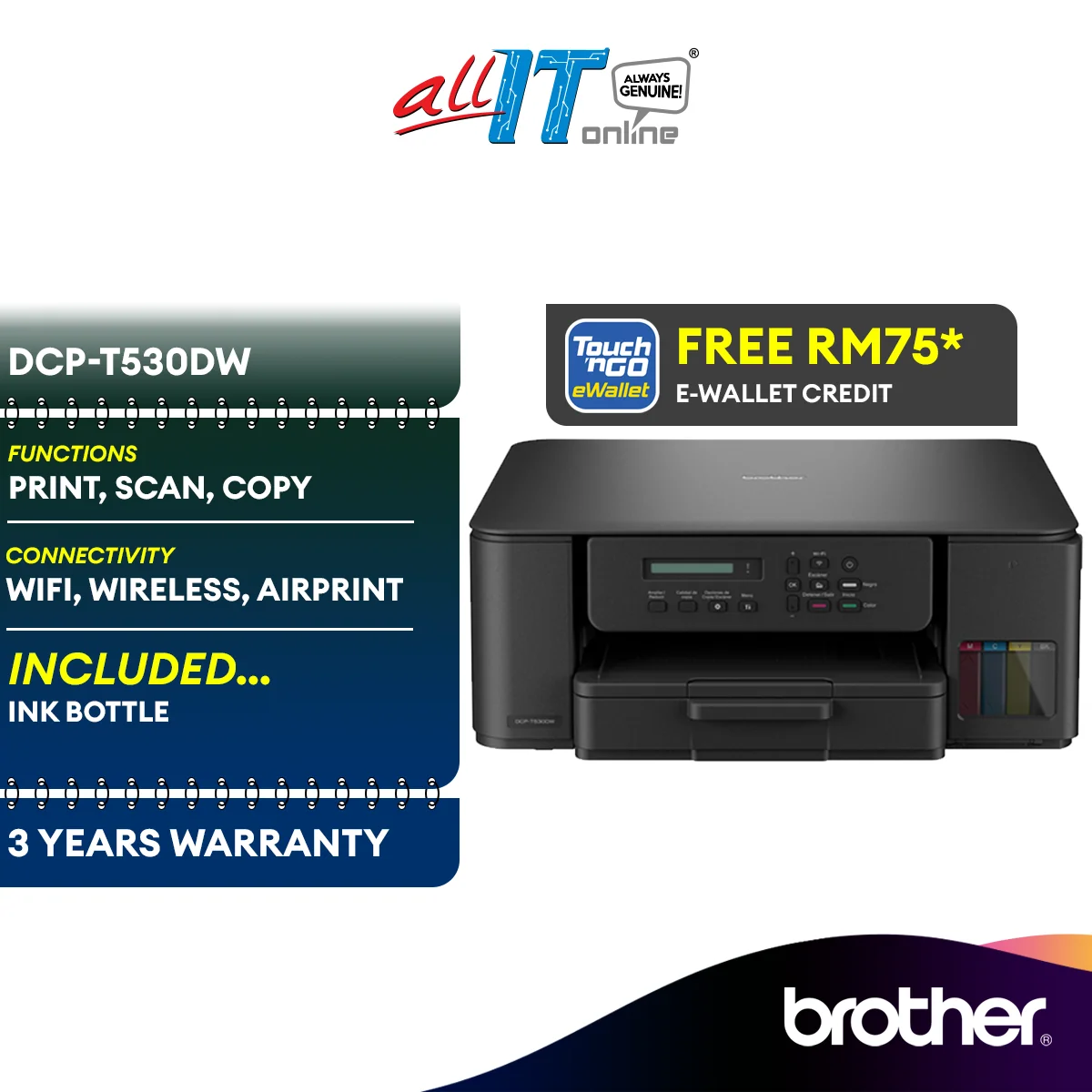 Brother AIO DCP-T530DW A4 3-in-1 Wireless Inkjet Printer Ink Tank