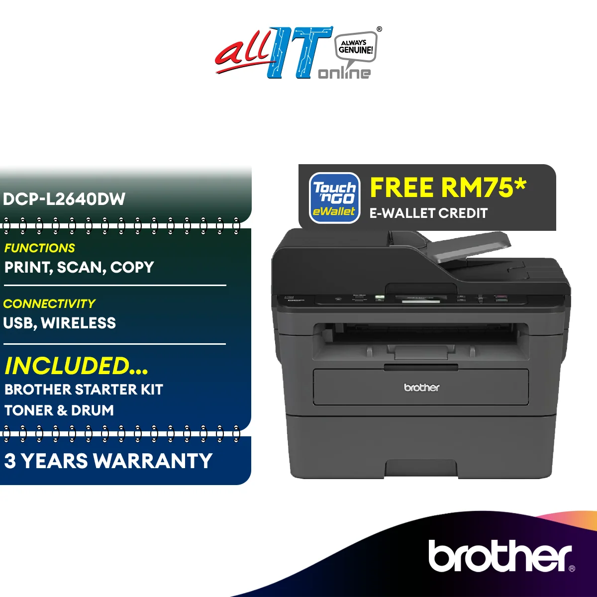 Brother DCP-L2640DW 3-in-1 Wireless Mono Laser Printer | Auto 2-sided Print | 50 Sheets ADF | Print,Scan,Copy | Replacement by DCP-L2550DW