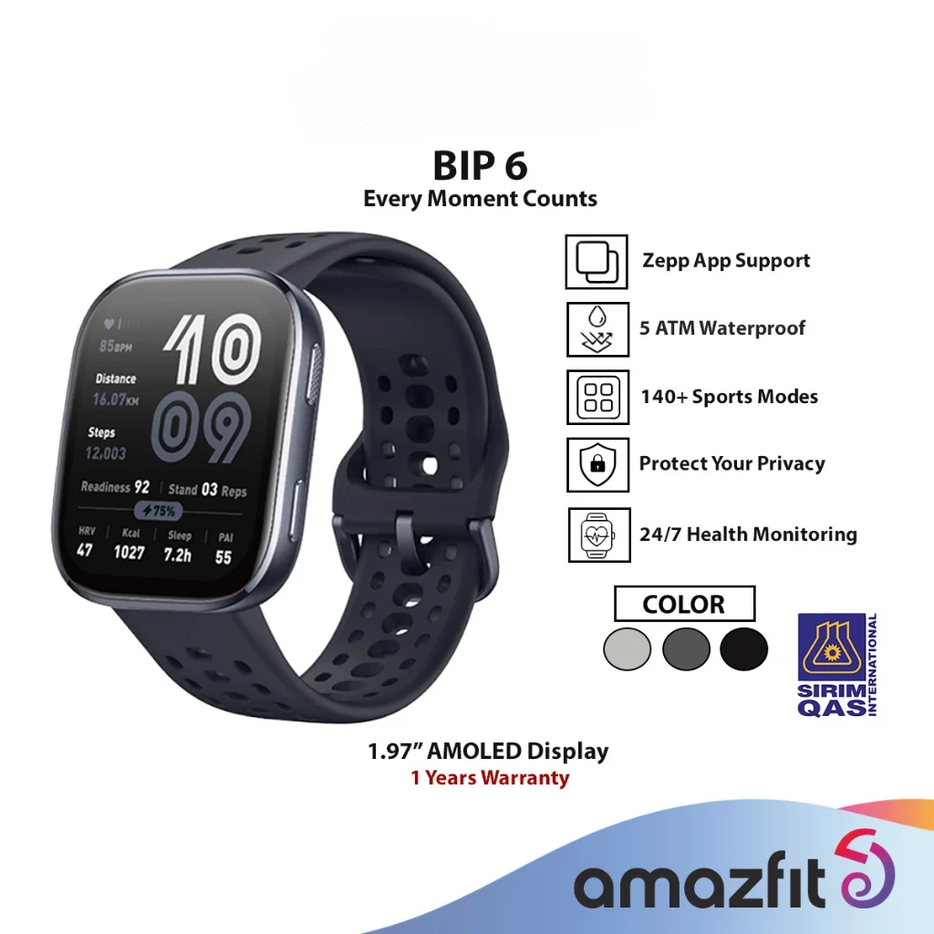 Amazfit Bip 6 Smart Watch [1.97-inch AMOLED / 24/7 BioTacker Technology / Zepp APP / Smart Strength Training]