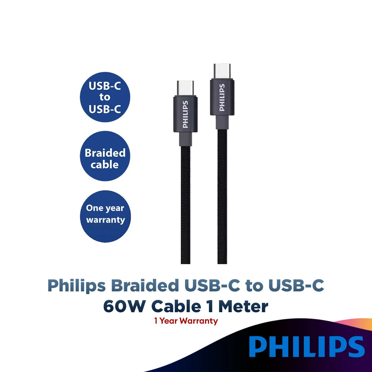 Philips Braided USB-C to USB-C 60W Fast Charging Cable Smartphone Cable 1 Meter