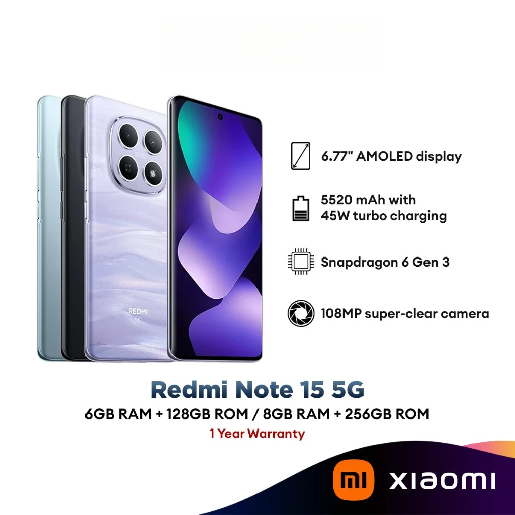 Xiaomi Redmi Note 15 5G Smartphone 108MP | 45W+5520mAh battery | 120Hz AMOLED IP66 (6GB+128GB / 8GB+256GB)