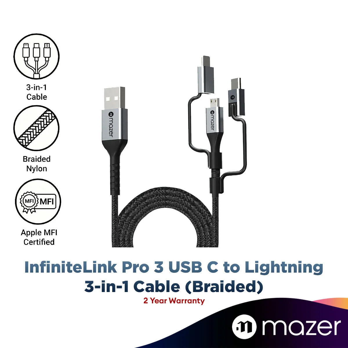 Mazer InfiniteLink Pro 3 USB C to Lightning 3-in-1 Cable (Braided)