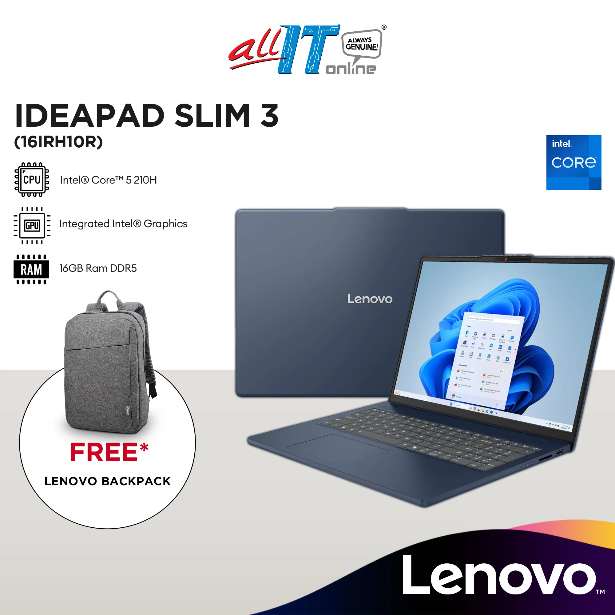 Lenovo IdeaPad Slim 3 16IRH10R 16" WUXGA Laptop (Intel® Core™ 5 210H | 16GB | 512GB SSD | Integrated Intel® Graphics)