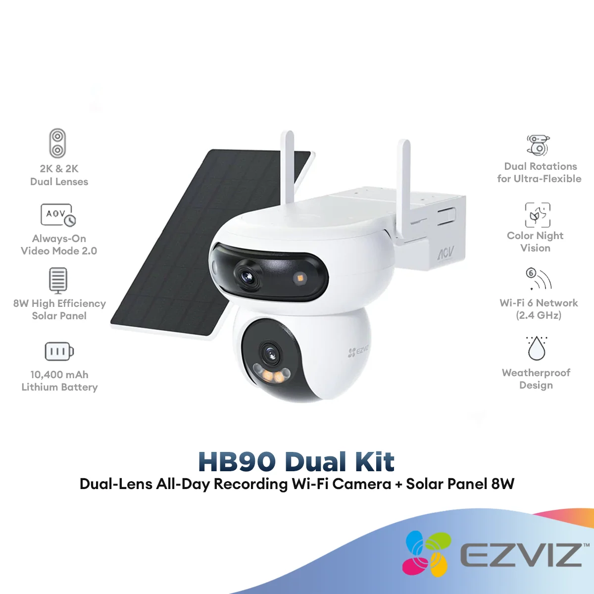 Ezviz HB90 Dual Kit 4MP Dual Pan/Tilt WiFi Outdoor Battery Powered Camera with Solar Panel