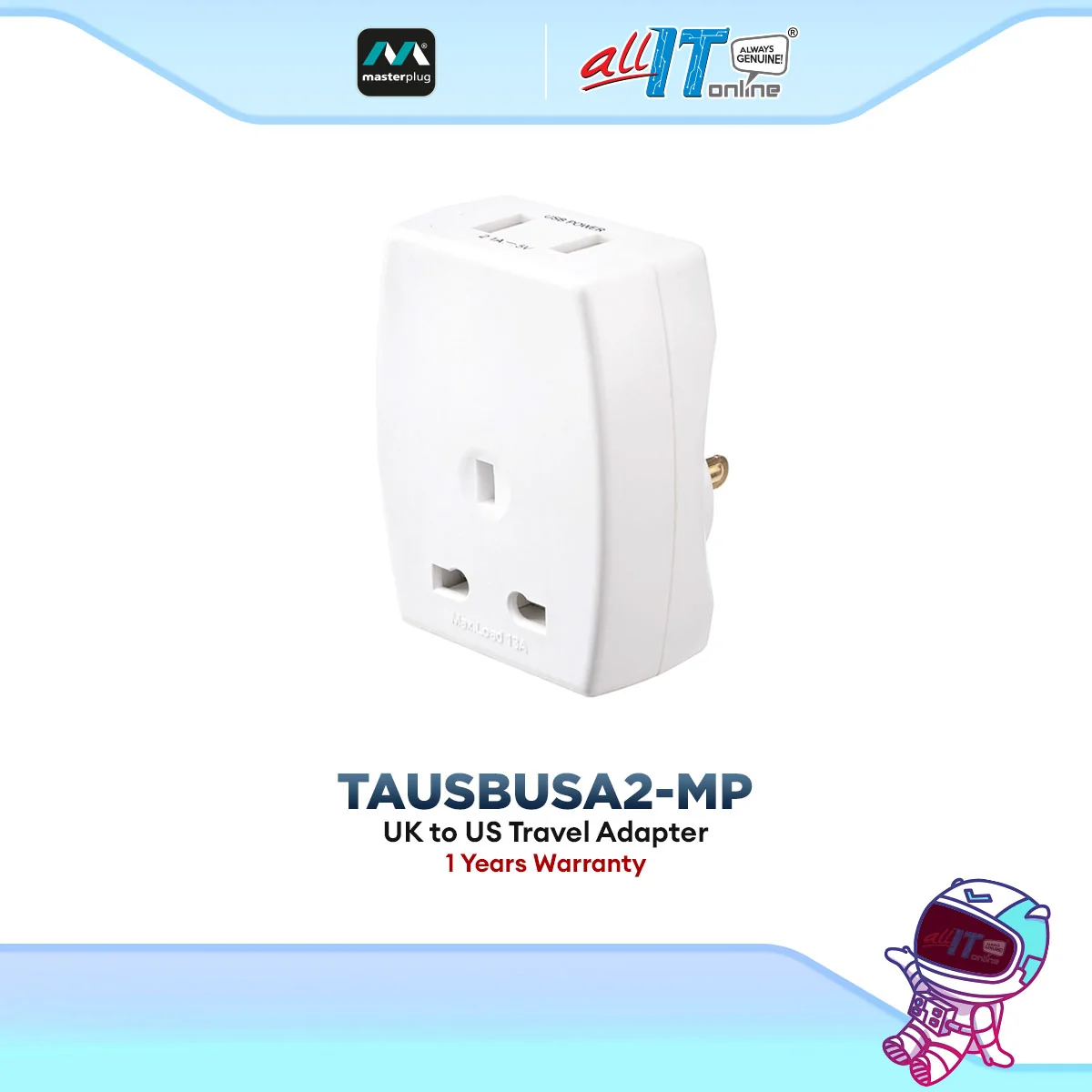 Masterplug TAUSBUSA2-MP Travel Adapter 1 UK Plug + 2 USB Ports (10.5W)
