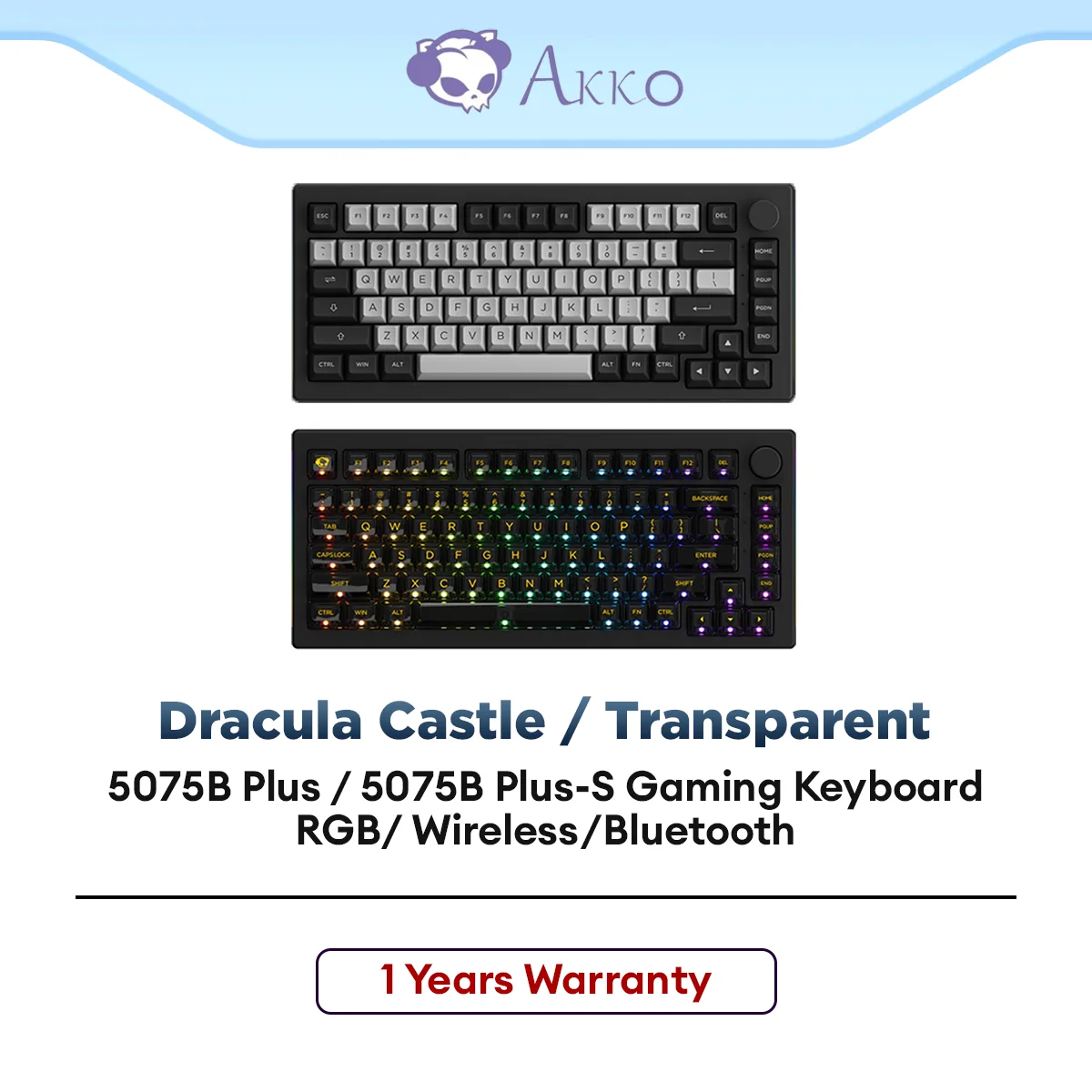 Akko 5075B Plus Wireless Mechanical Keyboard 75% RGB Hot-Swappable Tri-Mode with Knob (Dracula Castle / ASA Clear)
