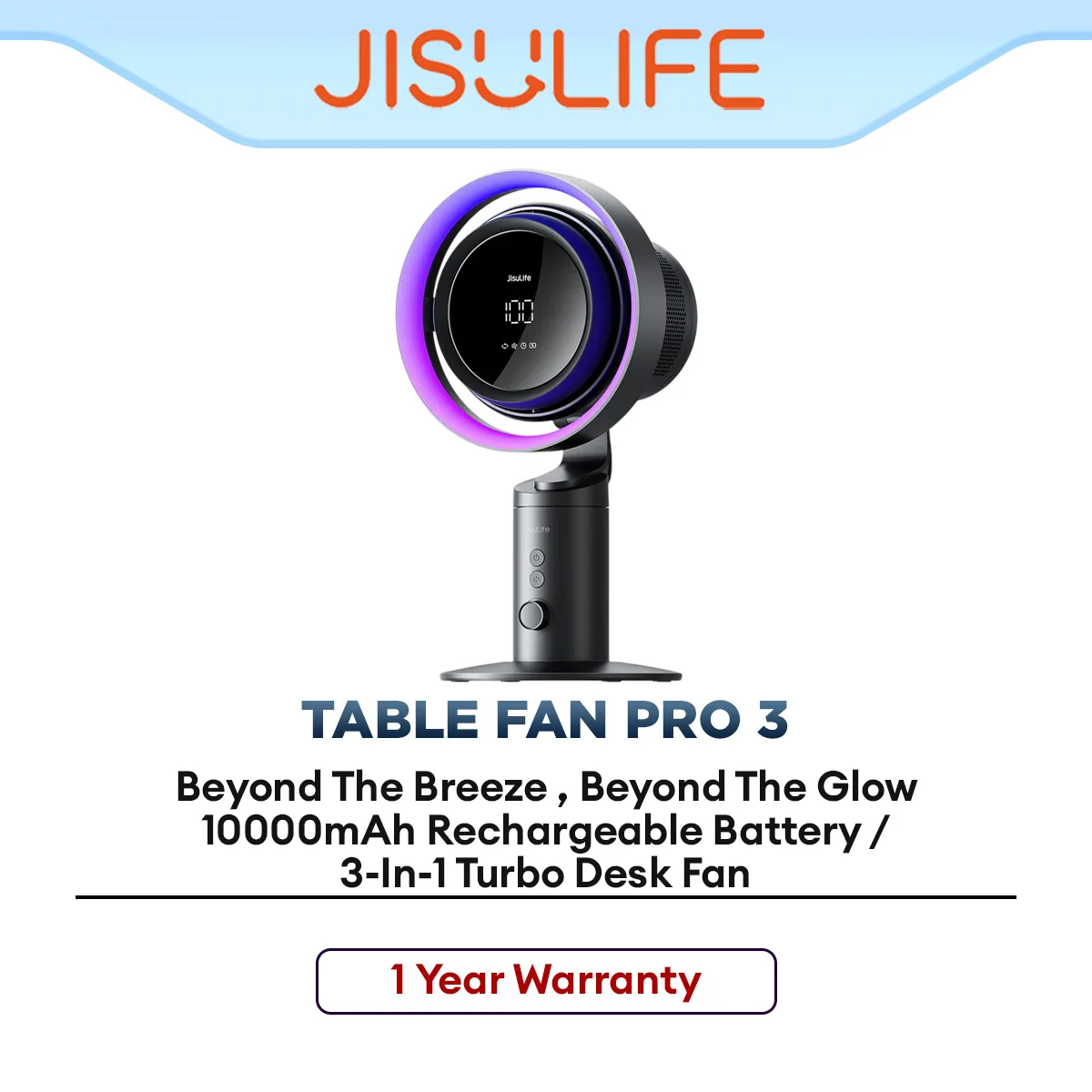 JISULIFE Table Fan Pro 3 Desktop Portable Rechargeable Fan with Strong Airflow & Adjustable Speed for Home and Office