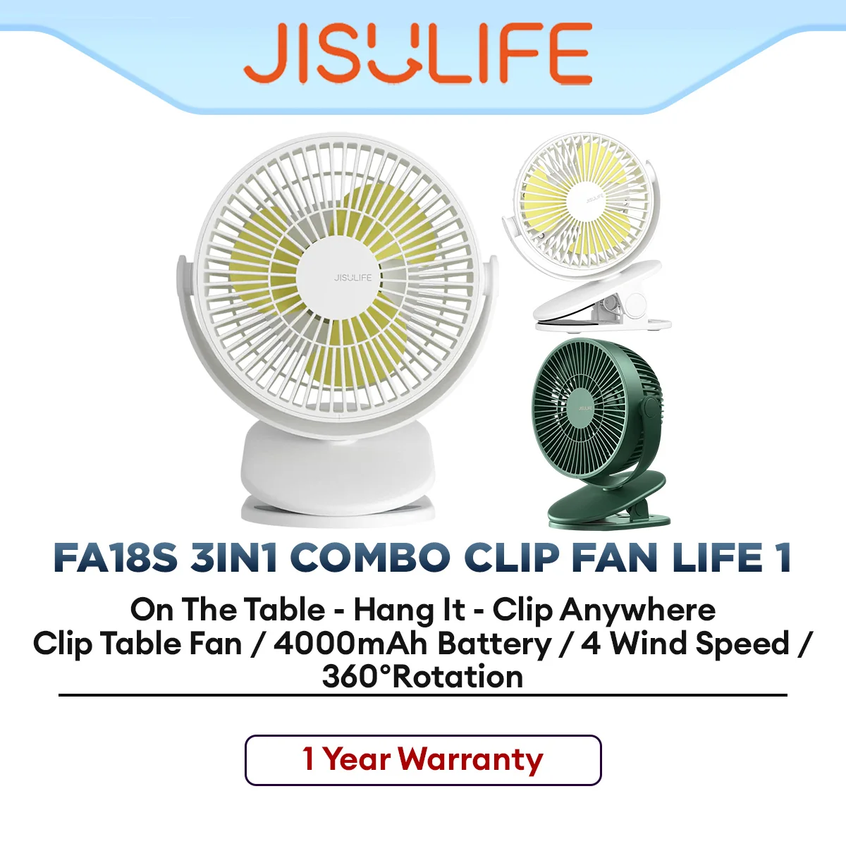 JISULIFE 3-in-1 Combo Clip Fan Life1 FA18S Portable Cooling Fan with Clip, Desk & Handheld Modes for Home & Travel Use