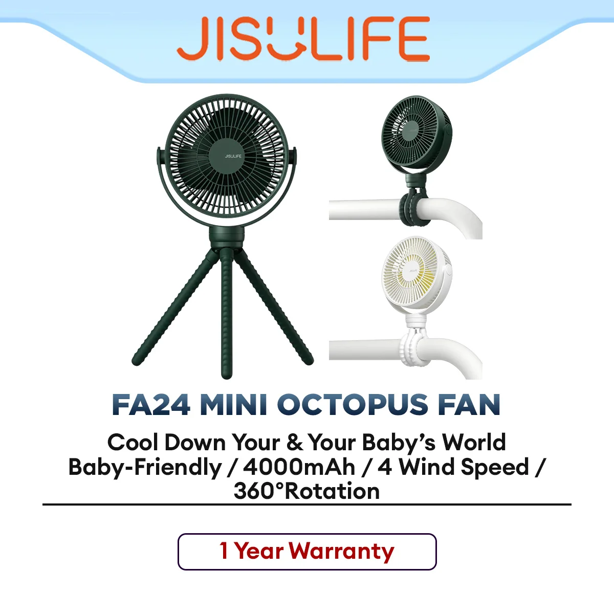 JISULIFE Mini Octopus Fan FA24 Flexible Tripod Portable Fan with Adjustable Legs & Rechargeable Battery for Travel, Desk