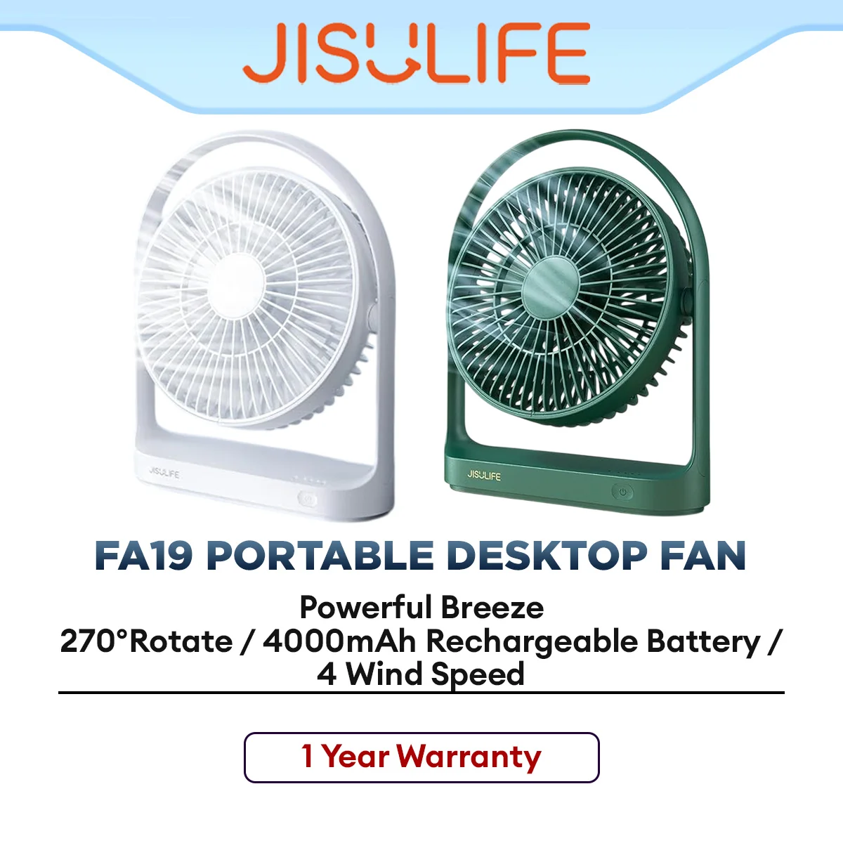 JISULIFE Portable Desktop Fan FA19 Compact High-Speed Cooling Fan with Rechargeable Battery for Home, Office & Study Use