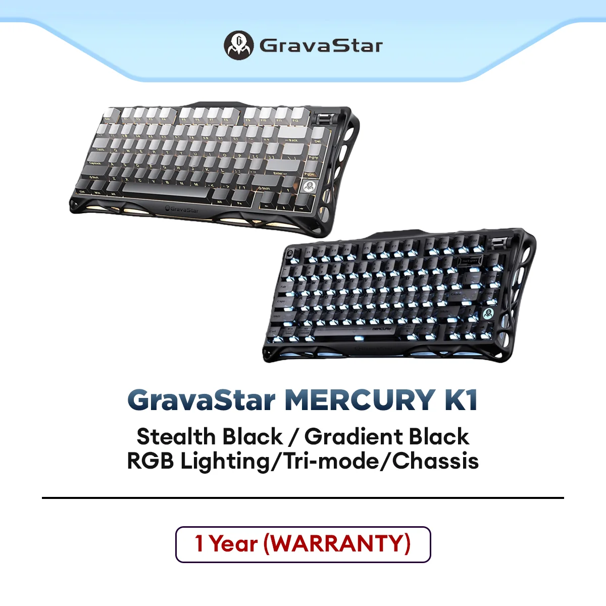 GravaStar Mercury K1 75% Wireless Mechanical Gaming Keyboard with RGB Lighting, Long Battery Life, Linear Switch