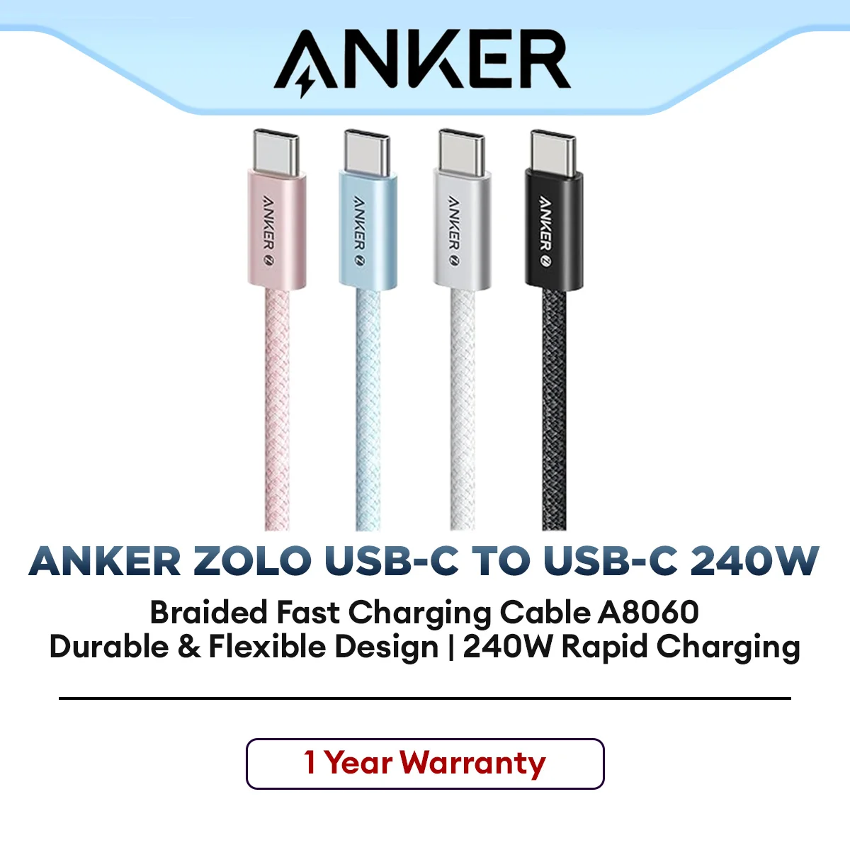 Anker Zolo USB-C to USB-C Cable 240W Braided (A8060) Fast Charging Cable for Laptop & USB-C Devices