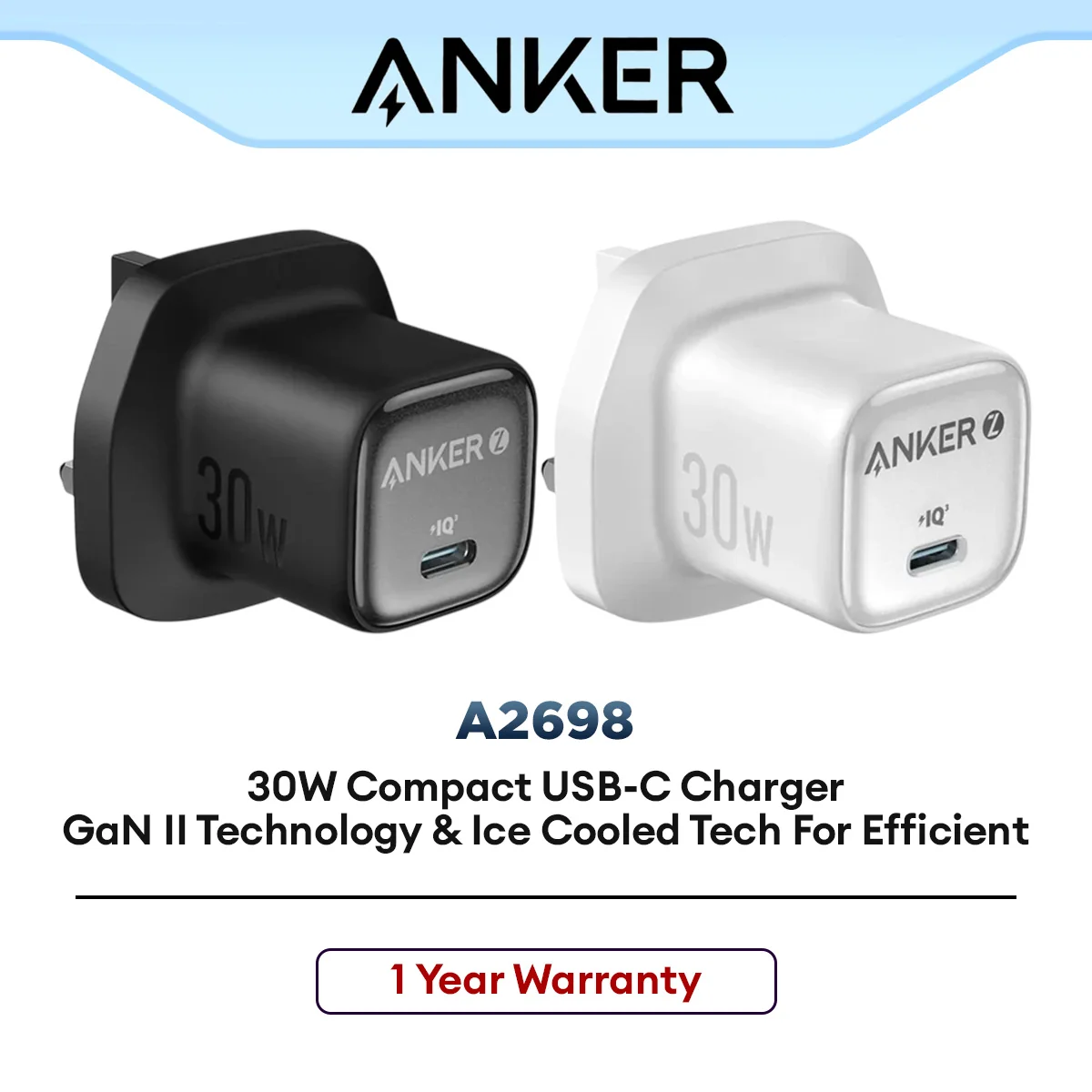 Anker Zolo Wall Charger A2698 30W Fast Charging USB-C Adapter for Smartphones & Tablets Compact Power Delivery