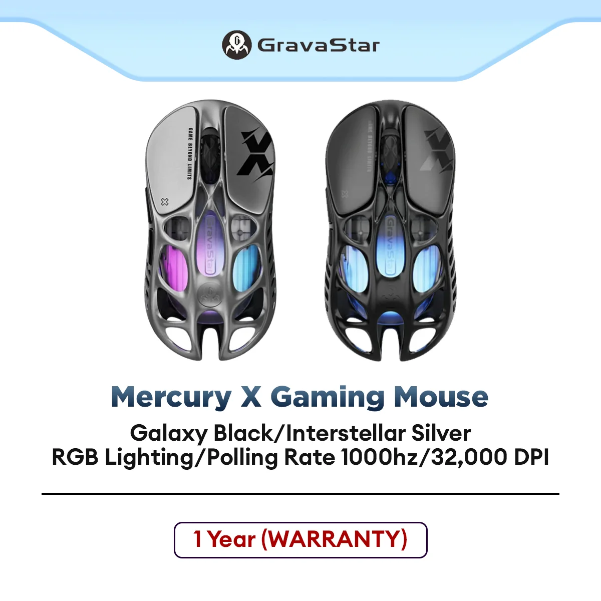 GravaStar Mercury X Wireless Gaming Mouse, Polling Rate 1000Hz/RGB Lighting/32,000 DPI/Tri-mode