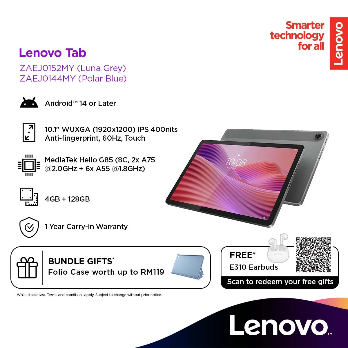 Lenovo Tab LTE TB311XU 10.1" LTE Tablet with Folio Case 4GB RAM / 128GB ROM - ZAEJ0152MY / ZAEJ0144MY