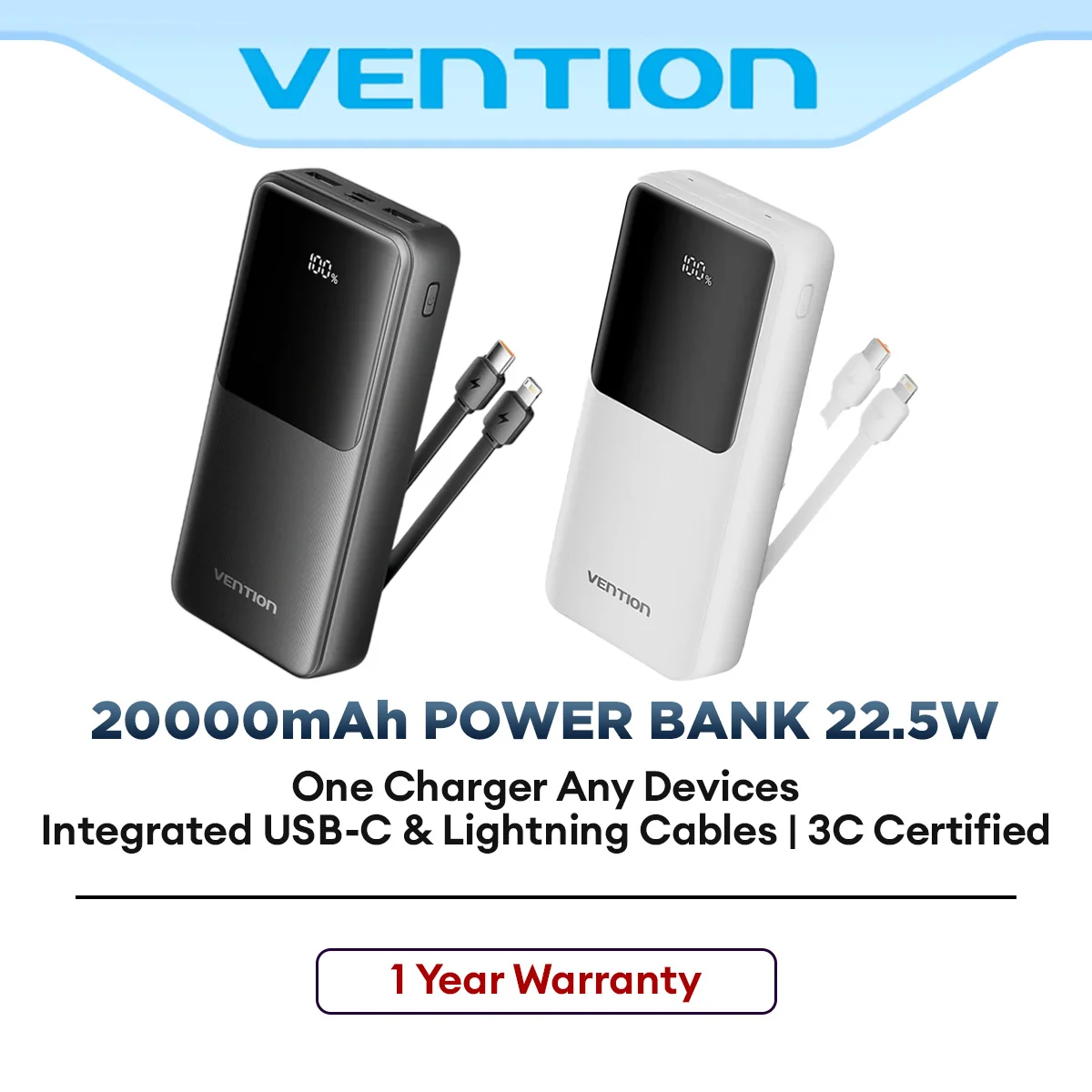 Vention 20000mAh 22.5W Fast Charging Power Bank with PD & QC Portable Battery Pack for Mobile Device