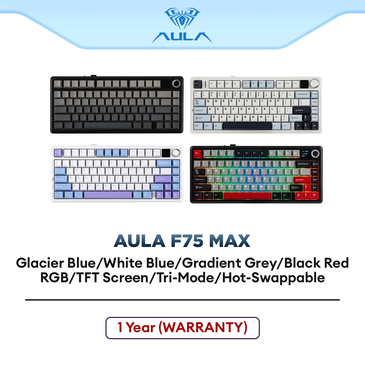 AULA F75 Max Wireless Mechanical Gaming Keyboard 75% Layout with TFT Screen, Tri-Mode, Gasket Structure, Hot-Swappable