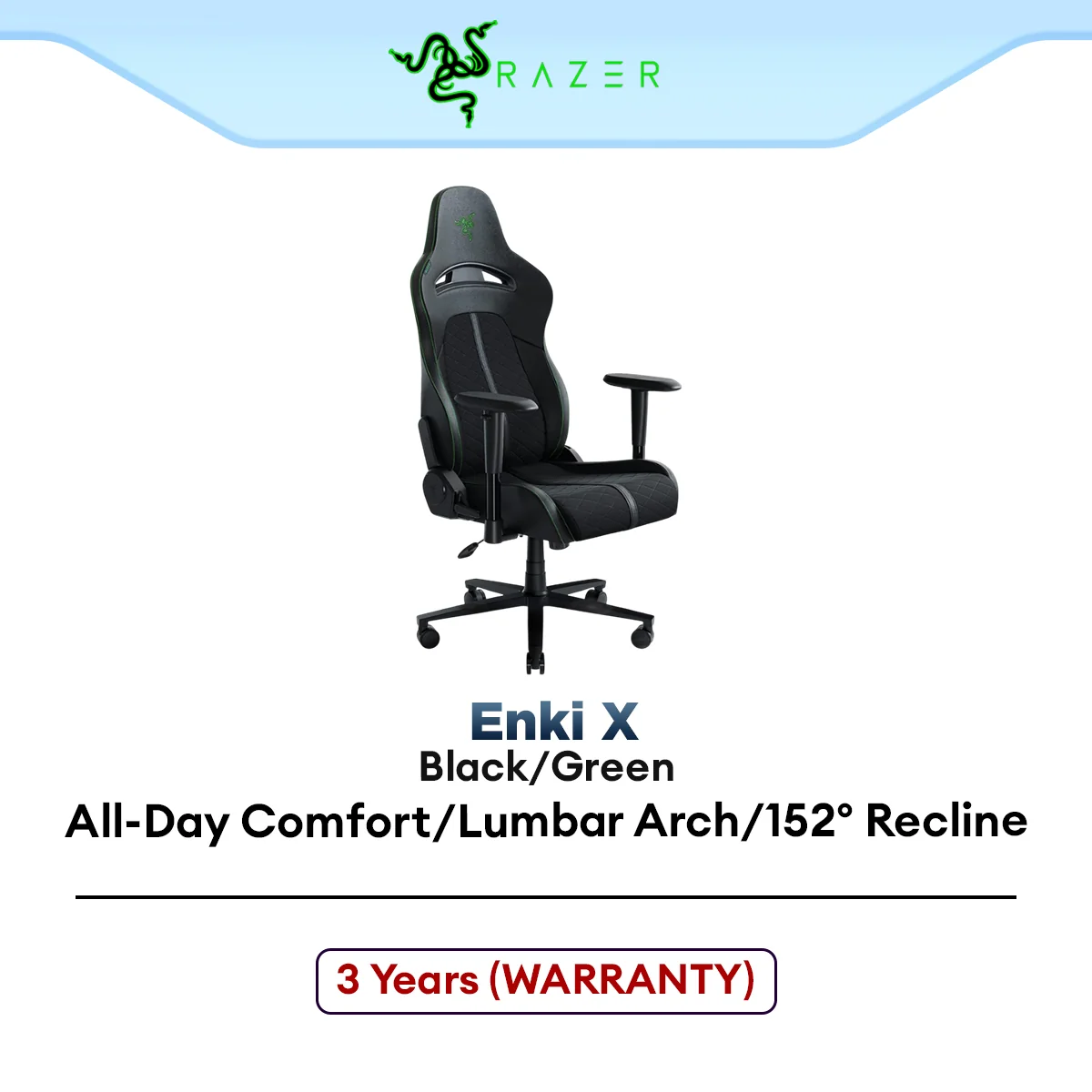 Razer Enki X Essential Gaming Chair for All-Day Comfort with Built-in Lumbar Arch - Black/Green