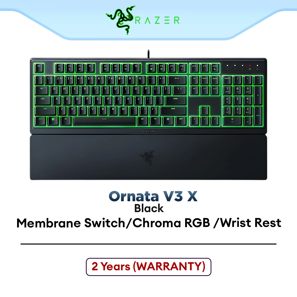Razer Ornata V3 X Wired Chroma RGB Gaming Keyboard | Silent Membrane Switches | Low Profile Keys | Ergonomic Wrist Rest