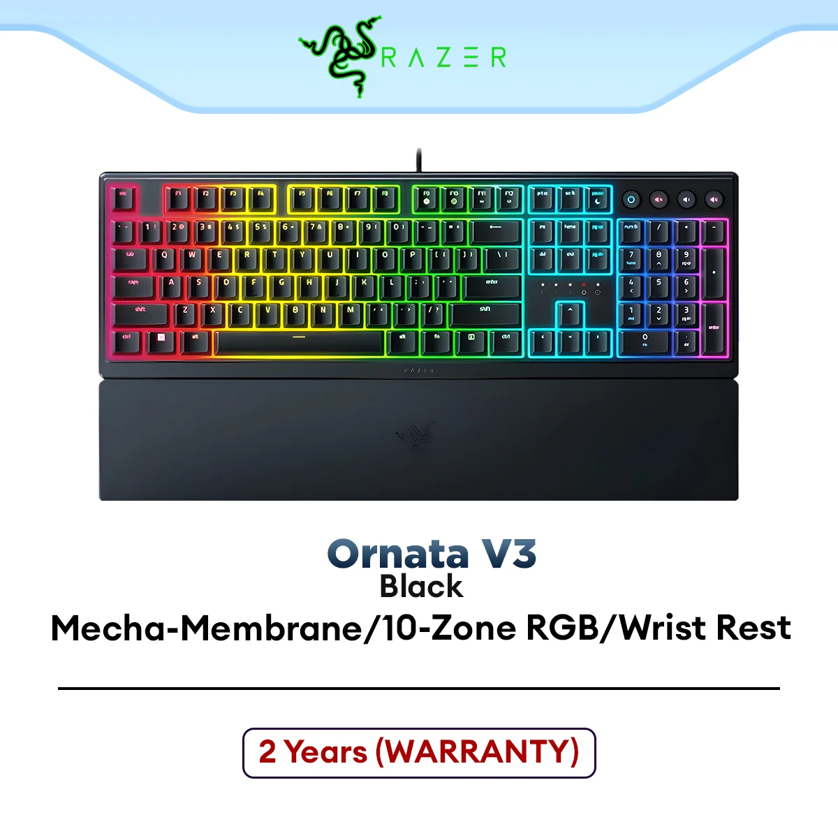 Razer Ornata V3 Wired Low-profile Mecha-Membrane RGB Keyboard with UV-Coated Keycaps, Magnetic Wrist Rest, Chroma RGB