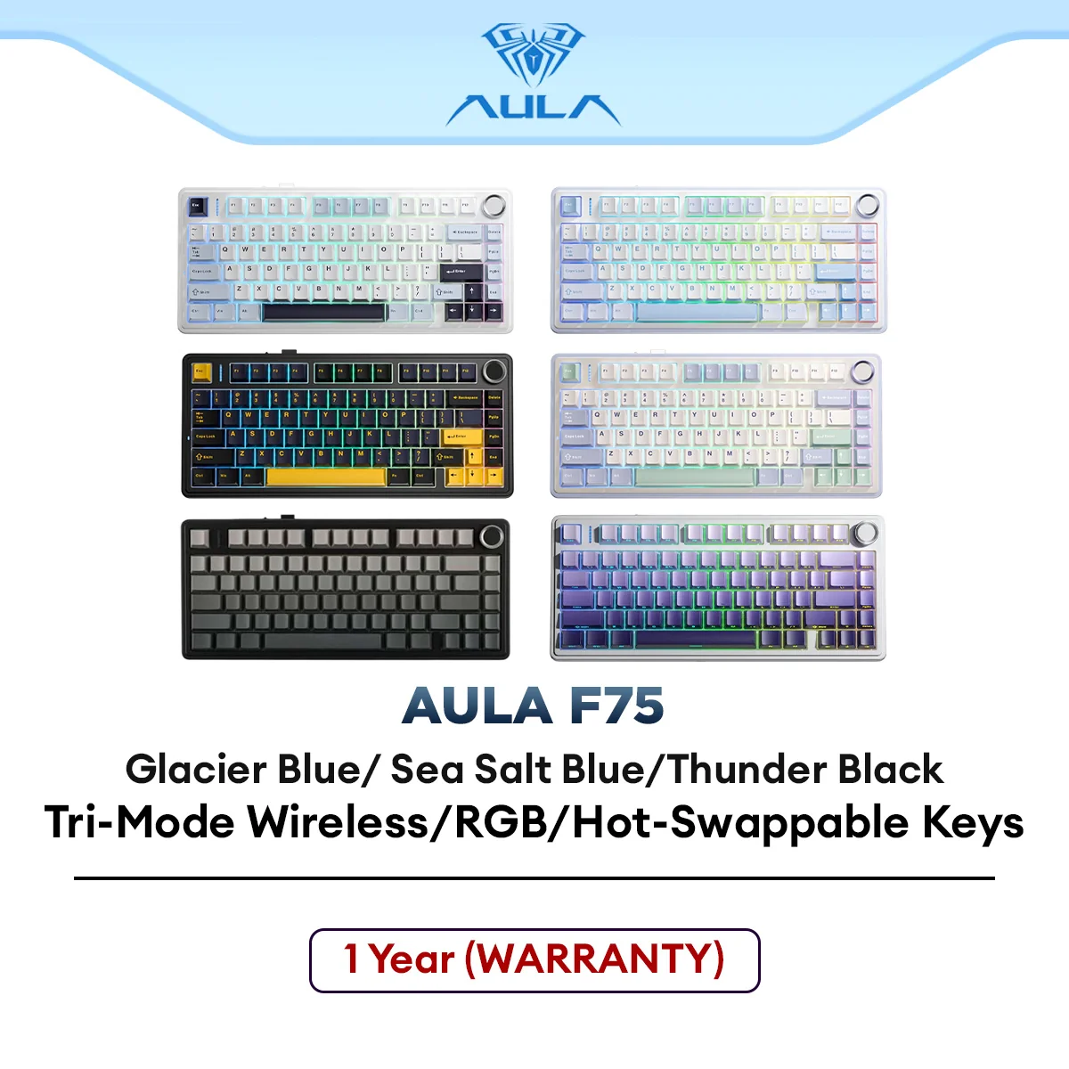 AULA F75 Mechanical Gaming Keyboard 75% 80 Key with RGB Tri-Mode Wired Bluetooth 2.4G Gasket Structure Hot-swappable