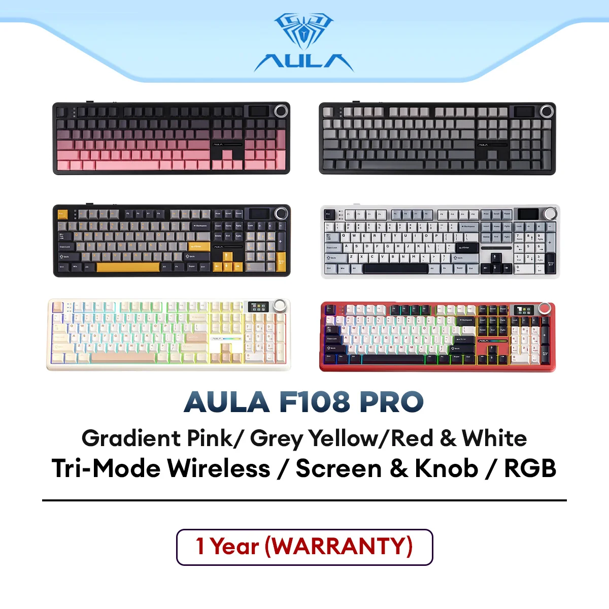 AULA F108 PRO Customized Wireless Mechanical Gaming Keyboard with 108 keys, Tri-Mode, Hot Swappable, RGB Lighting