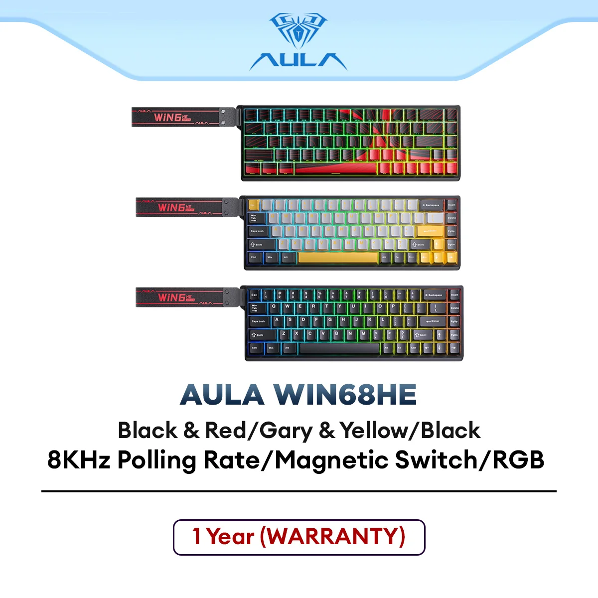 AULA Wired USB Gaming RGB Mechanical Hotswap Keyboard WIN68HE MAX, 8KHz Polling Rate, RGB Backlit, 60% Layout