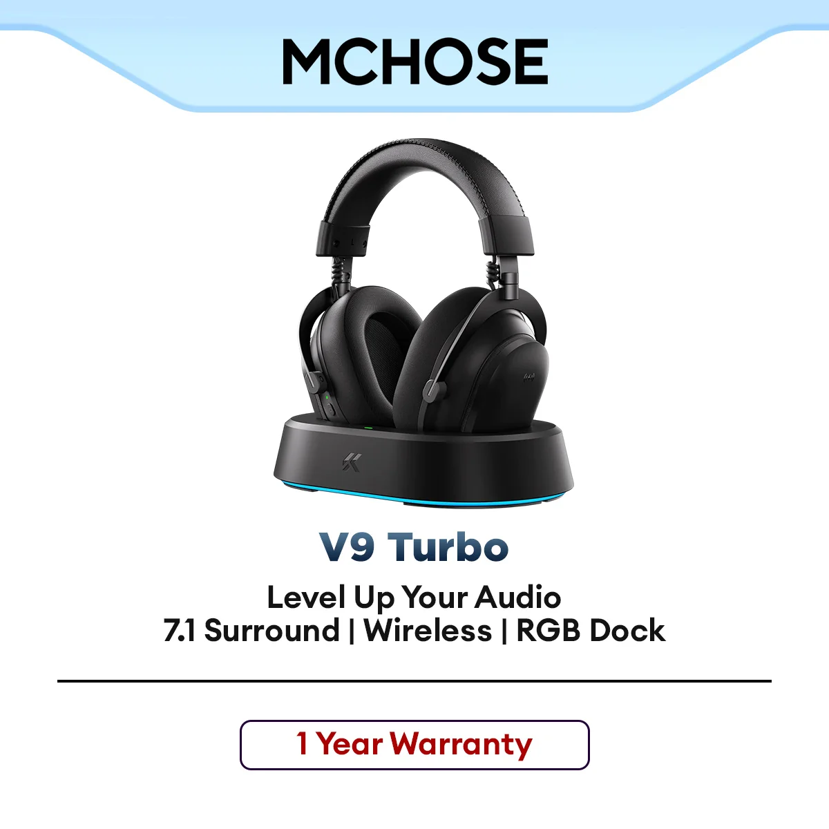 MCHOSE Wireless Bluetooth USB Gaming Headset V9 Turbo 7.1 Surround Sound RGB Charging Base
