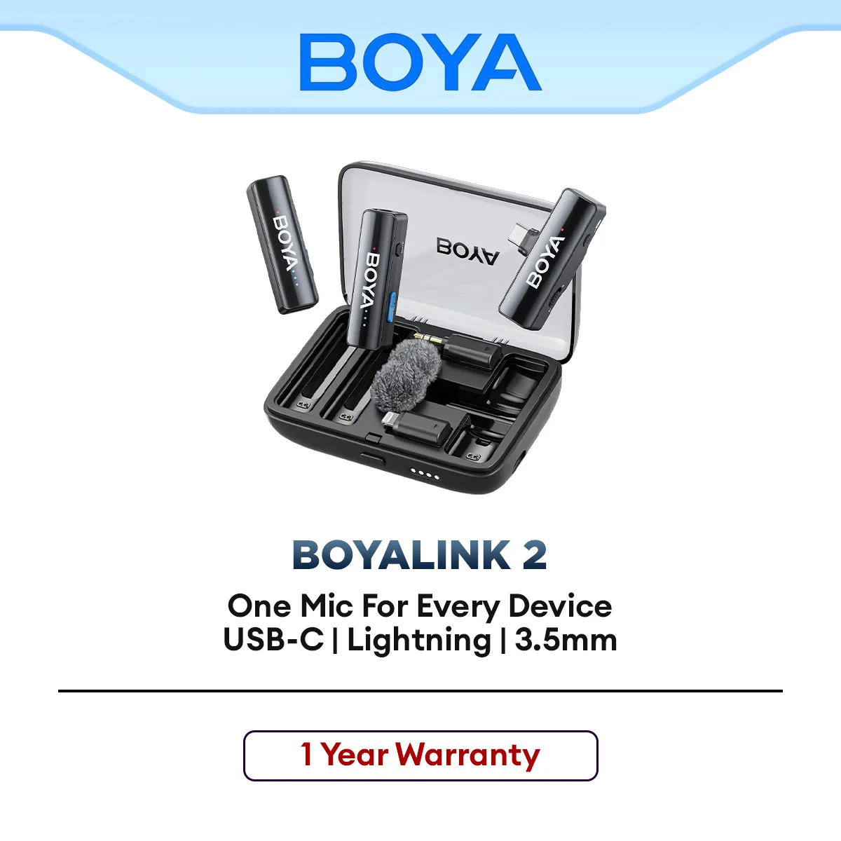 BOYA BOYALINK 2 Wireless Microphone USB-C Lightning 3.5mm TRS Lavalier Mic for iPhone Android Camera