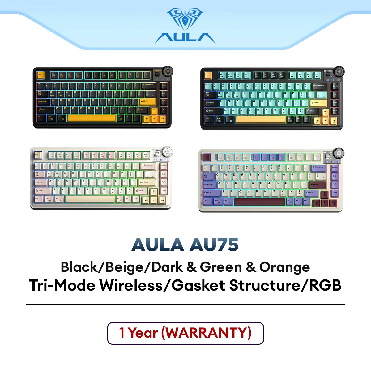 AULA AU75 Wireless Mechanical Gaming Keyboard with RGB Light, Tri-Mode Connection, Gasket Structure, Hot-Swappable