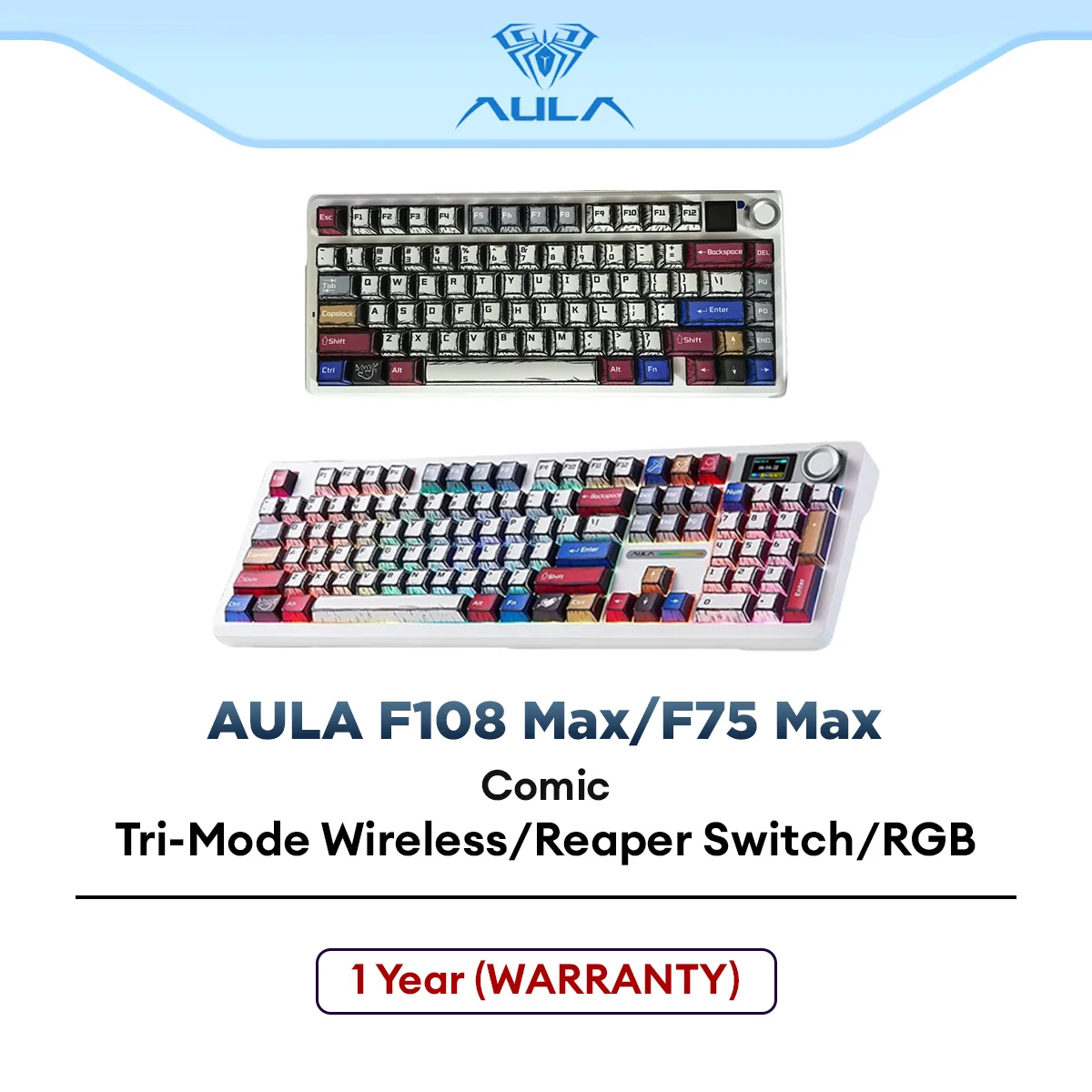 AULA F75/F75/F108 Max Wireless 75% Mechanical Gaming Keyboard with Comic Keycaps, Tri-Mode, Gasket Structure