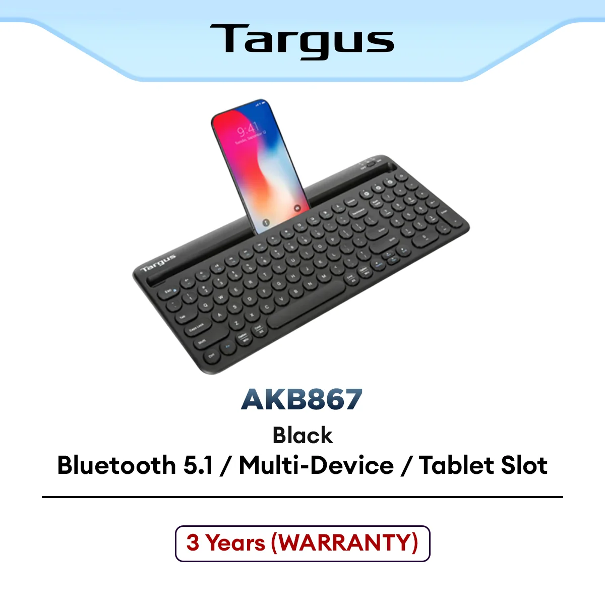 Targus Multi-Device Bluetooth® Antimicrobial Keyboard with Tablet/Phone Cradle (Black) AKB867