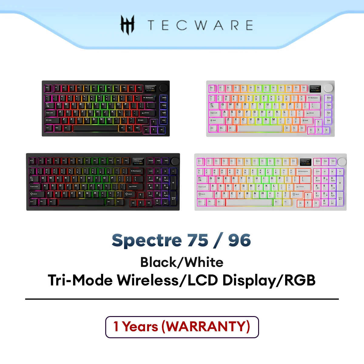 TECWARE Spectre 75 / 96 Wireless RGB Mechanical Gaming Keyboard with Multi-Function Knob, Gasket Mount, Pre-Lubed Switch