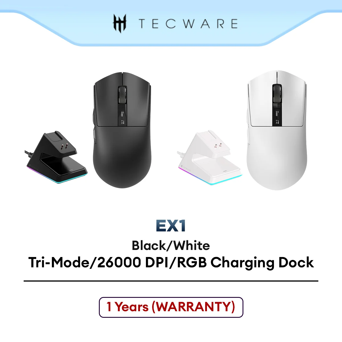 TECWARE EX1 Lightweight Wireless Gaming Mouse with Tri-Mode Connectivity, RGB Charging Dock, PixArt PAW3395 Sensor, OLED