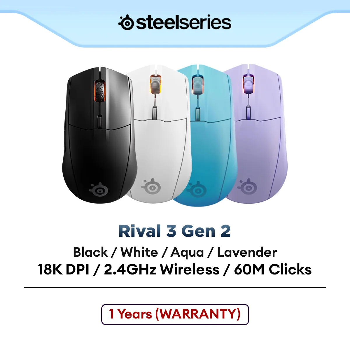 SteelSeries Rival 3 Wireless Gen 2 Gaming Mouse with Optical Sensor, 2.4GHz Wireless, Bluetooh, Symmetrical Shape