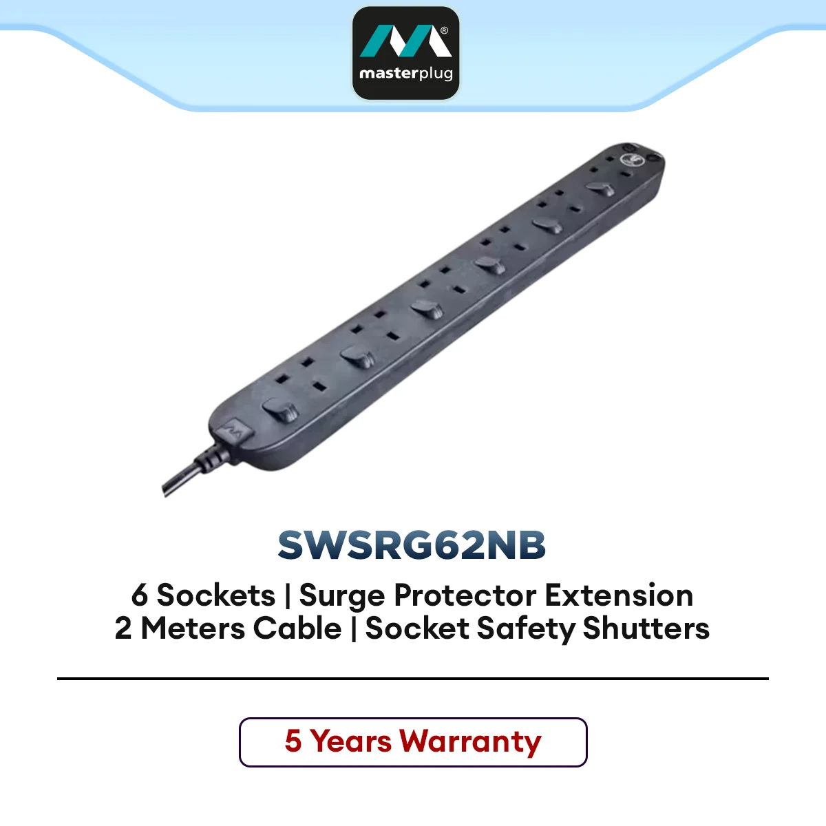 Masterplug Surge Protected Extension Lead with Individual Switches for Home & Office 6 Gang Power Socket (SWSRG62NB)