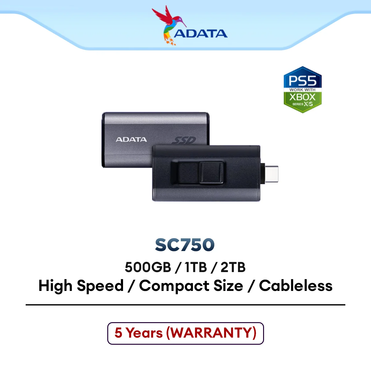Adata SC750 External SSD High Speed Read/Write Up To 1,050/1,000 MB/s Cableless Compact Size - (500GB / 1TB / 2TB)