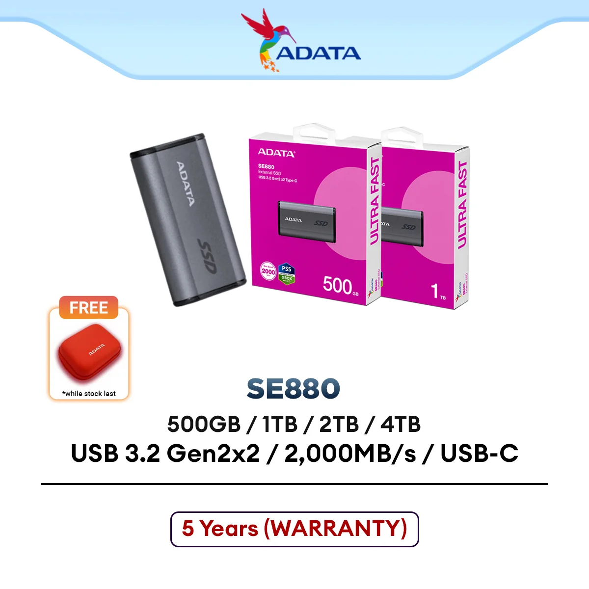 ADATA SE880 USB 3.2 Gen2x2 External SSD Up to 2000 MB/s - Titanium Gray (500GB / 1TB / 2TB / 4TB) PS5 & XBOX Support