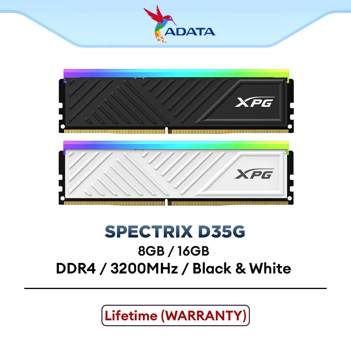 ADATA SPECTRIX D35G DDR4 RGB MEMORY 3200MHz DESKTOP GAMING RAM (BLACK/WHITE) - 8GB/16GB