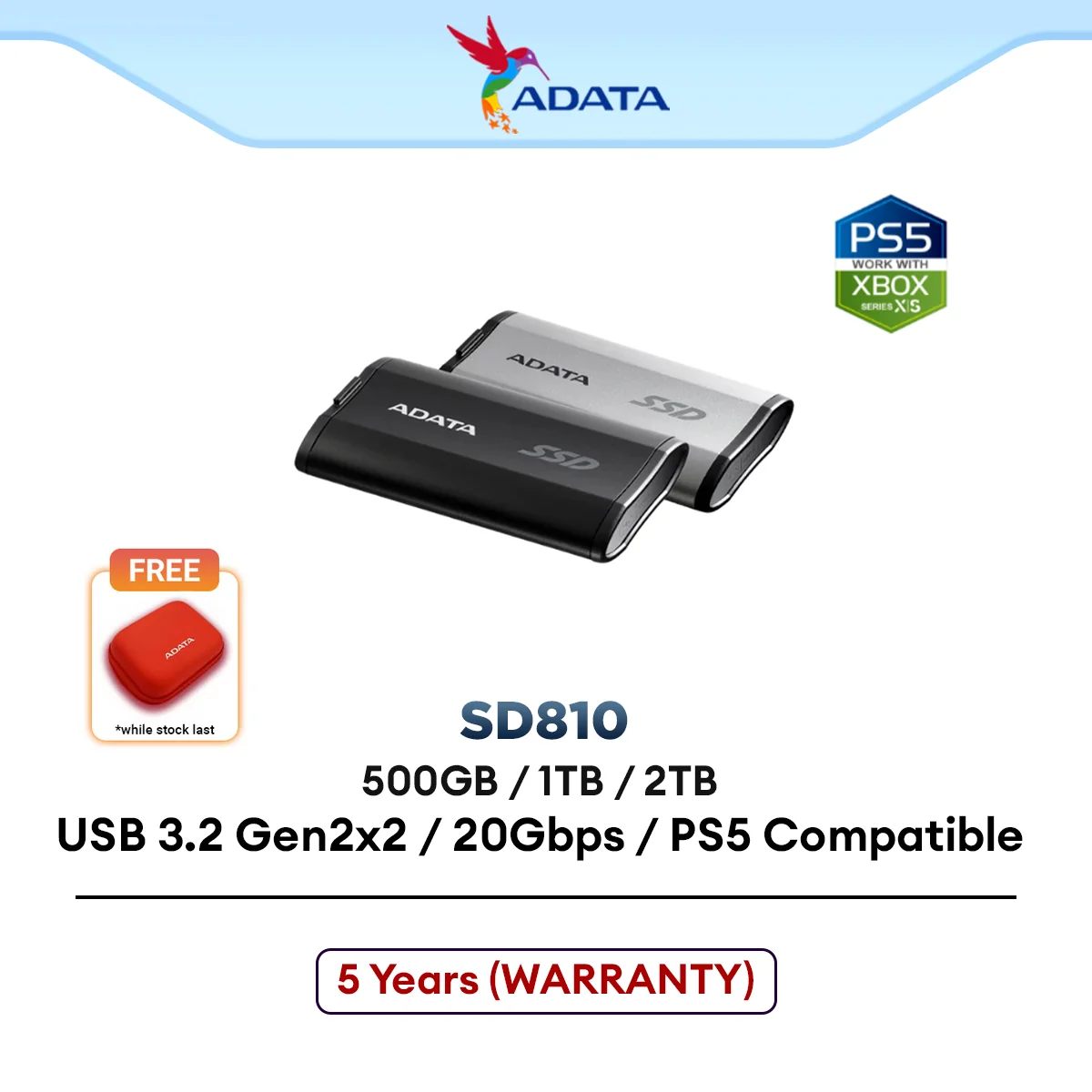 Adata SD810 External SSD Type-C 20Gbps USB 3.2 Gen2x2 Black / Titanium Grey - (500GB / 1TB / 2TB / 4TB) compatible with PS5