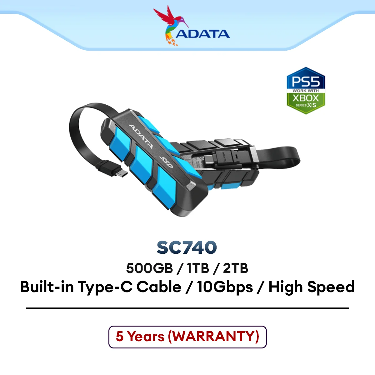 Adata SC740 Portable SSD with Built-in Type-C cable High Speed up to 10Gbps - (500GB / 1TB / 2TB)
