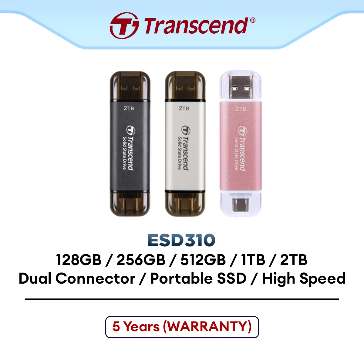 Transcend ESD310C 3D NAND Portable External SSD with USB 3.2 Type-A and Type-C Connectors - (128GB / 256GB / 512GB / 1TB / 2TB)