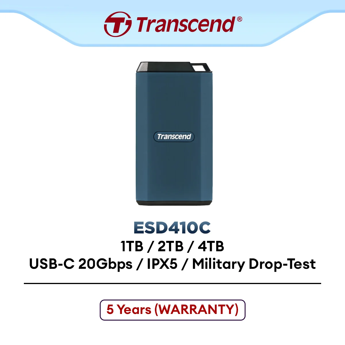 Transcend ESD410C Portable SSD USB-C 20Gbps Dark Blue ( 1TB / 2TB / 4TB ) IPX5 Water-Resistant & US Military Drop-Test