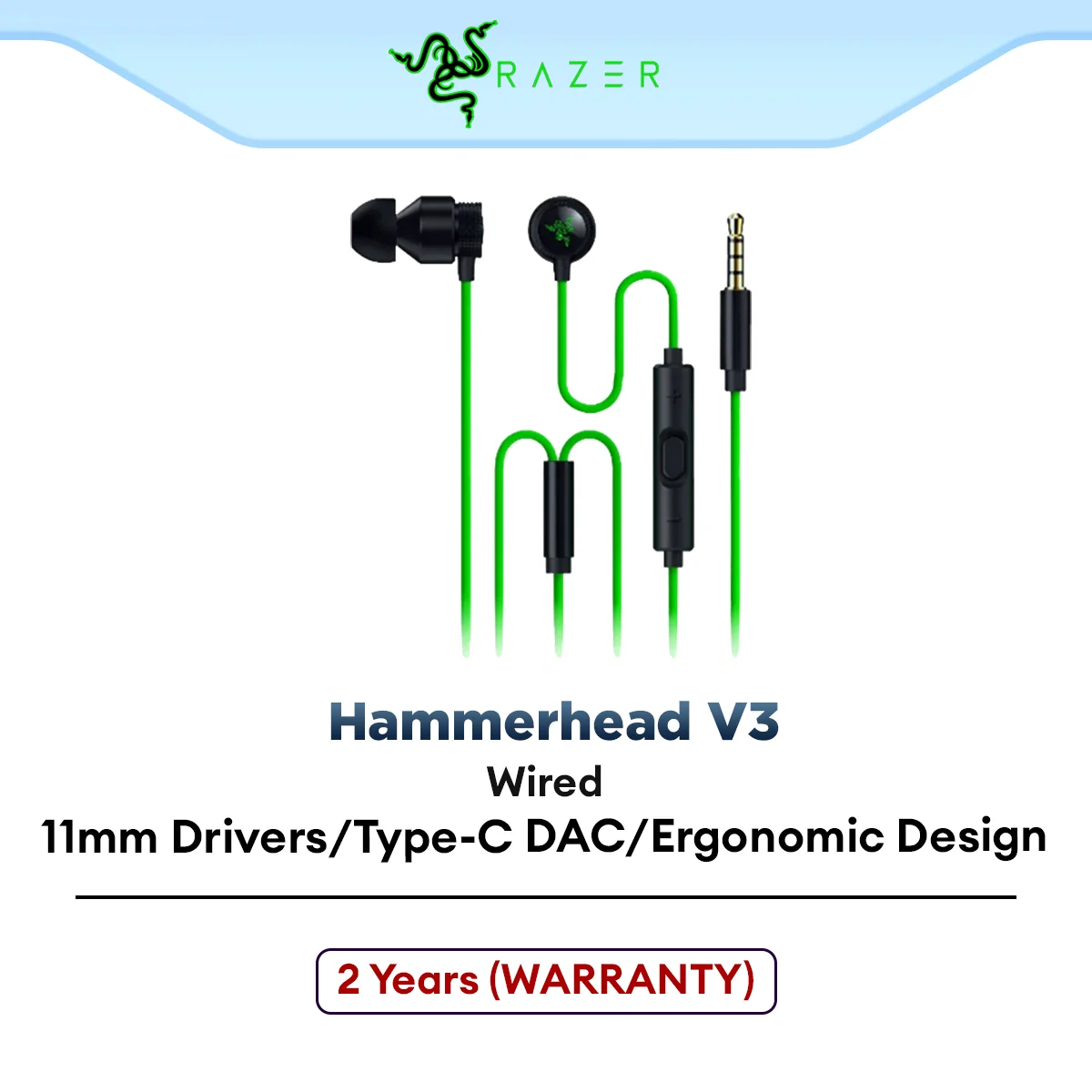 Razer Hammerhead V3 Wired Gaming Earbuds with Dynamic 11mm Audio Drivers, Ergonomic Design, Type C DAC Adapter