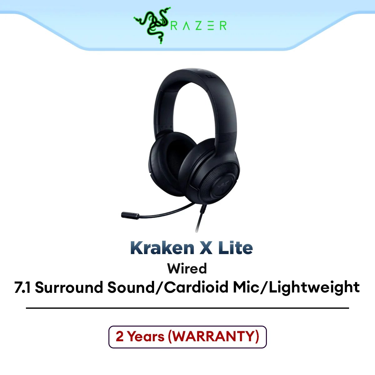 Razer Kraken X Lite Ultralight Wired Gaming Headset with Immersive 7.1 Surround Sound, Bendable Cardioid Microphone